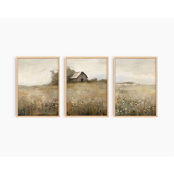 Landscape Wall Art Set Of 3, Vintage Country Fields And Wildflower Farmhouse Prints