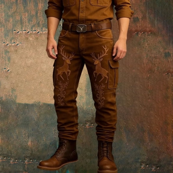 Vintage Western Cowboy Cargo Pants for Men Outdoor Casual Work Long Trousers Spring Coffee L
