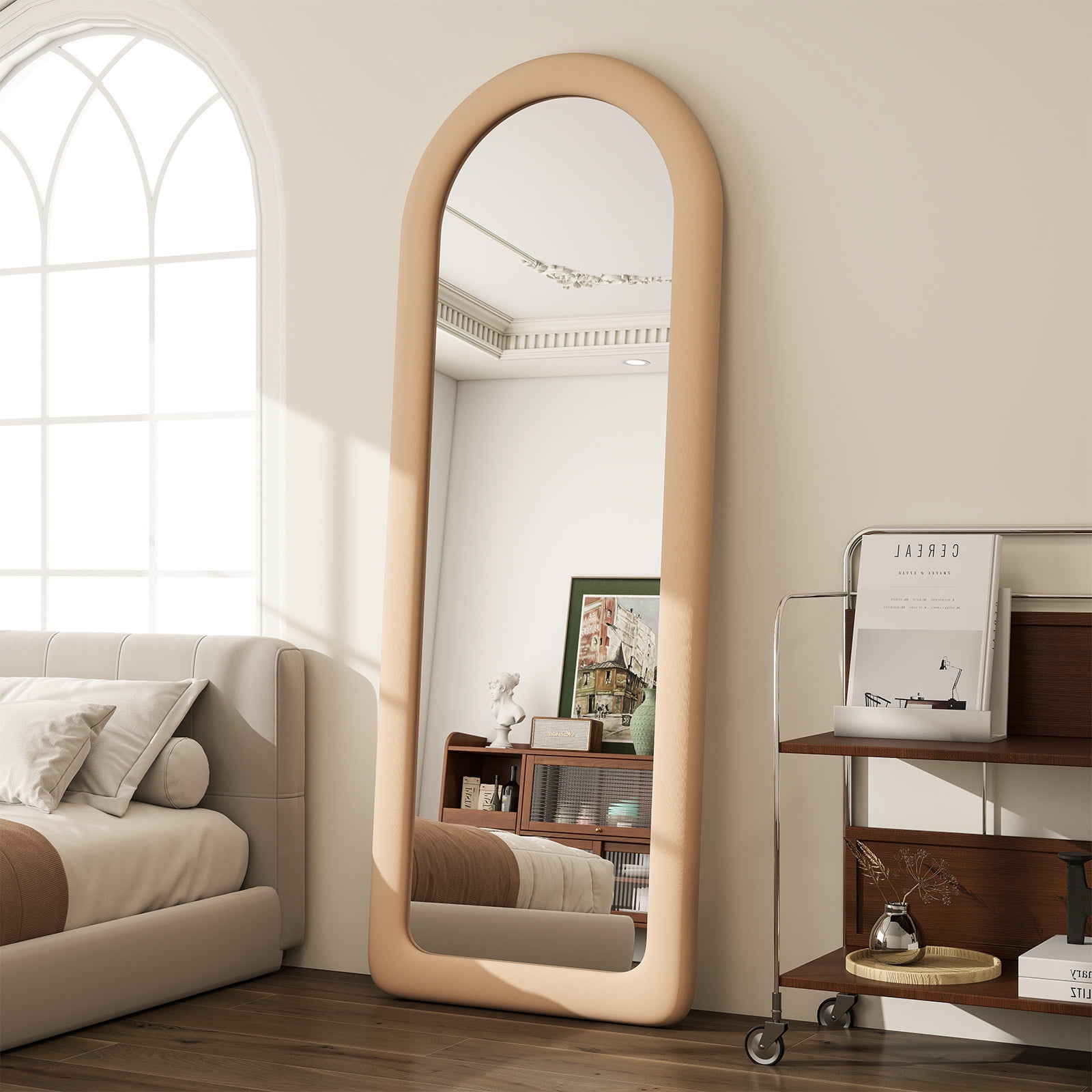 Anyrose 63"x24" Arch-Top Floor Mirror Round-Edge With Thick Flannel Frame, Light Brown
