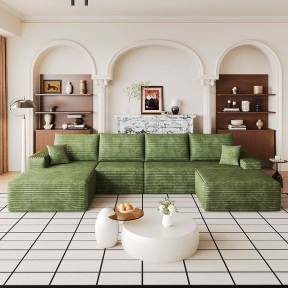 MAYEERTY 135-Inch Green Plush Corduroy 5-Seat U-Shaped Cloud Modular Sectional Sofa, Deep Seat Corner Couch with Ottoman No Assembly Required