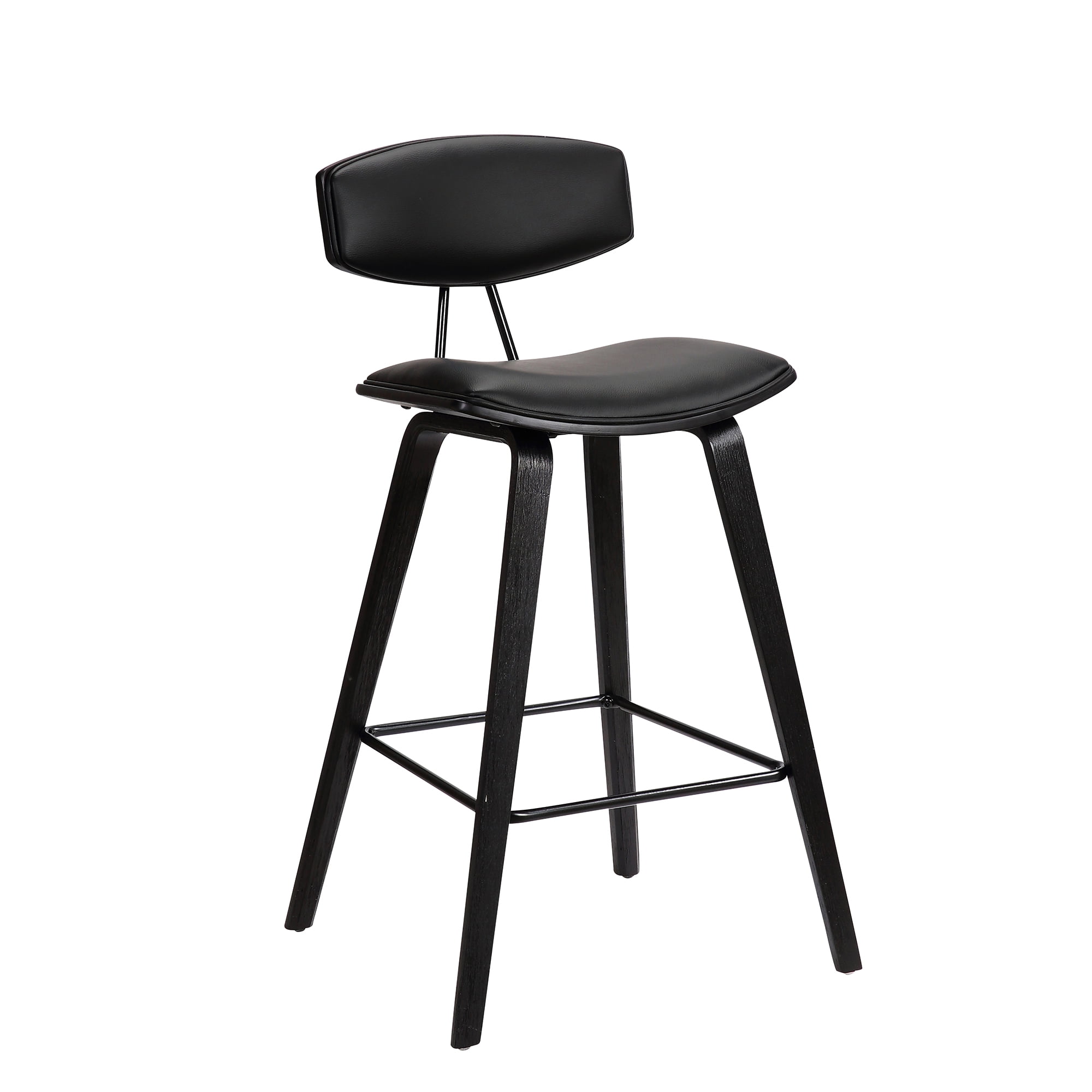 Fox 25.5" Counter Height Black Faux Leather and Black Wood Mid-Century Modern Bar Stool - Set of 2
