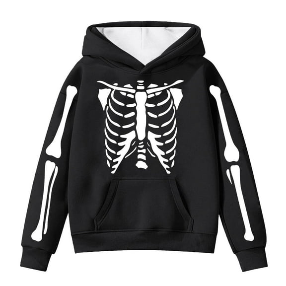 WERYOUNG Girls Boys Hoodies Cartoon Skeleton Printed Long Sleeve Pullover Hooded Halloween Sweatshirt With Pocket Child Cozy Party Hoodie,Black,4-5 Years