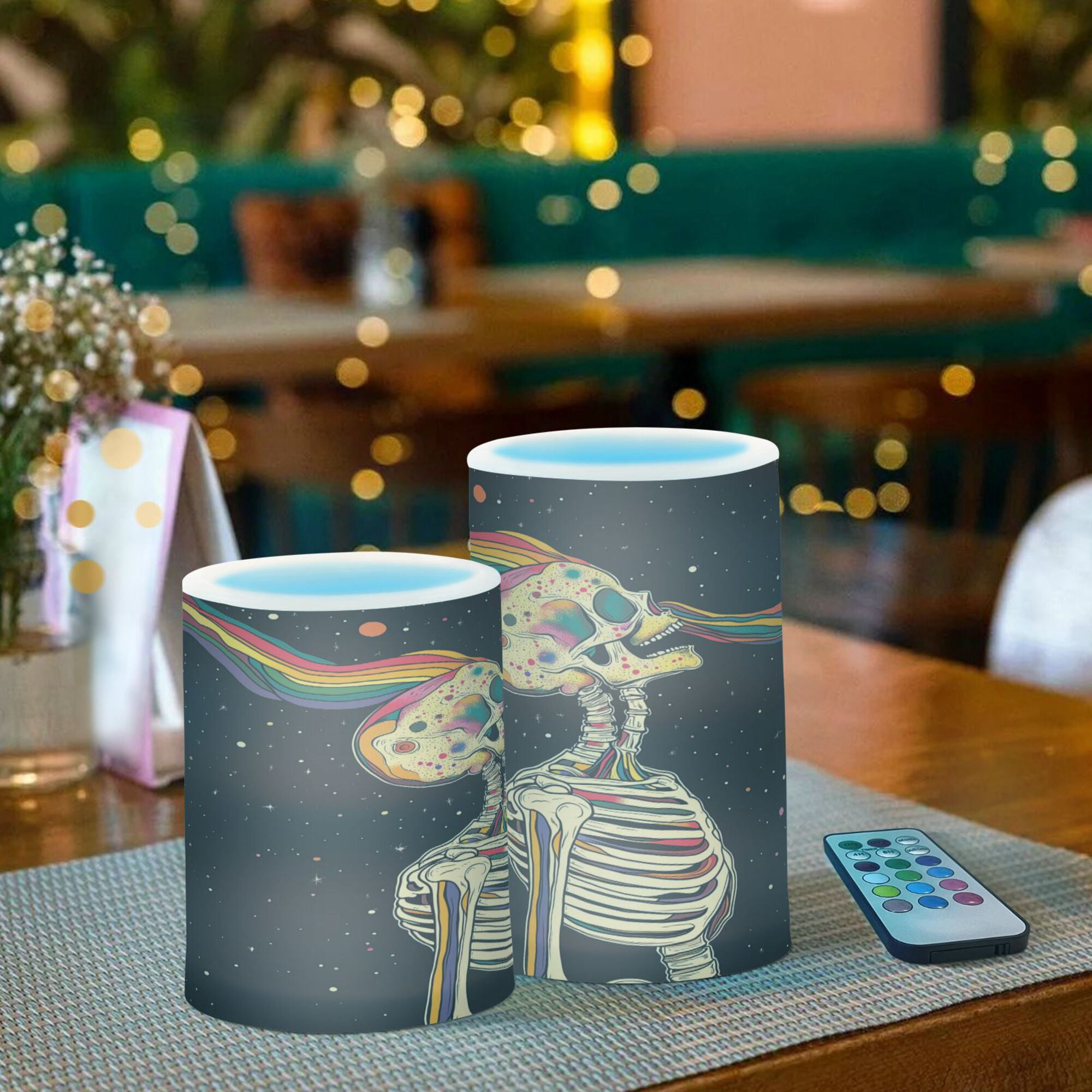 Yayeee Flameless Candles with Remote Flickering Battery Operated Multi Color Changing, Skeleton Stripes