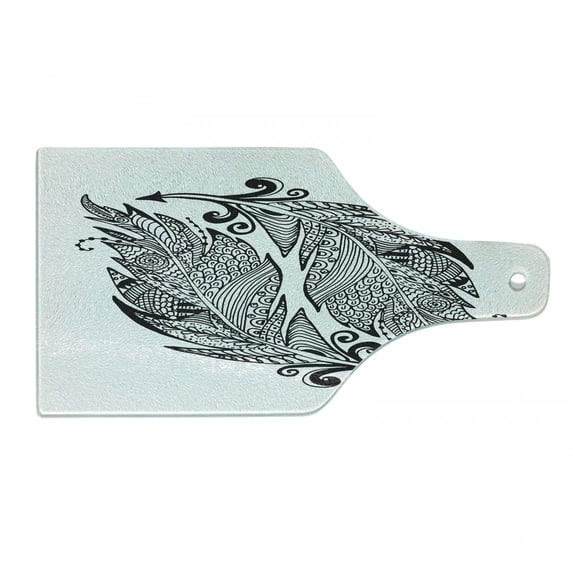 Vintage Tribal Cutting Board, Zentangle Ornate Arrow Leaf in Monochromatic Design, Decorative Tempered Glass Cutting and Serving Board, in 3 Sizes, by Ambesonne