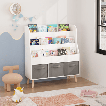 Kids Bookshelf with 3 Fabric Storage Bins White Wooden Book Display Organizer for Toddlers and Children Front-Facing Book Rack with Pine Legs for Playroom Nursery or Bedroom