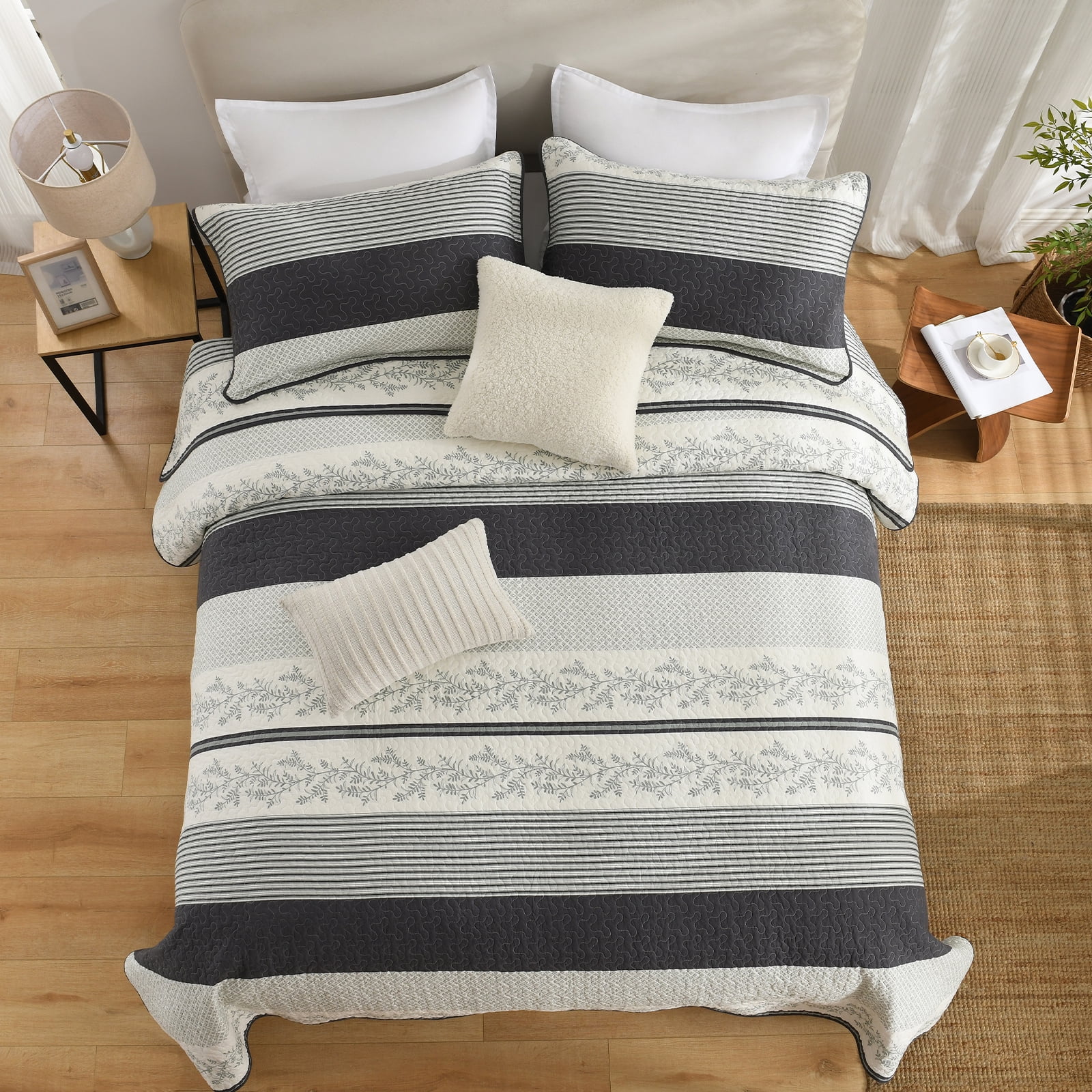 Y-PLWOMEN 100% Cotton Quilt Queen Size - Dark Gray Striped Lightweight Beige Quilt, Floral Quilted Bedspread Lightweight Comforter Set, Soft Bed Spread for Queen Bed with Pillow Shams