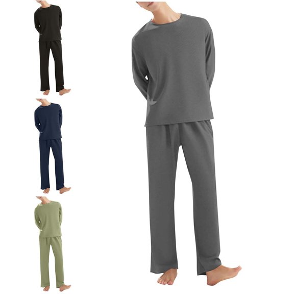 Babcutegg Mens Big & Tall Pajama Set Long Sleeve Crewneck Top and Pants 2 Piece Loose Comfy Loungewear Black Size L