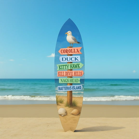 Outer Banks Surfboard Wall Art, Directional Beach Towns Sign with Seagull, Weather-Resistant PVC Coastal Decor (2 Foot)