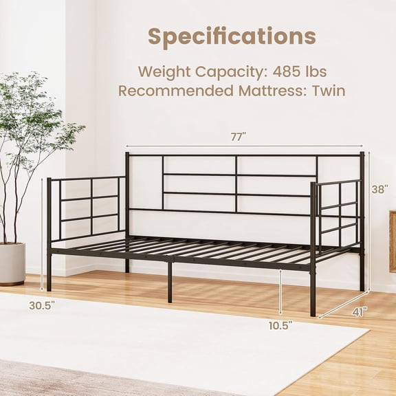 Daybed Frame, Metal Twin Size Platform Bed with Heavy Duty Slat Support, Space-Saving Sofa Bed Frame for Living Room Bedroom Guest Room, No Box Spring Needed - Black