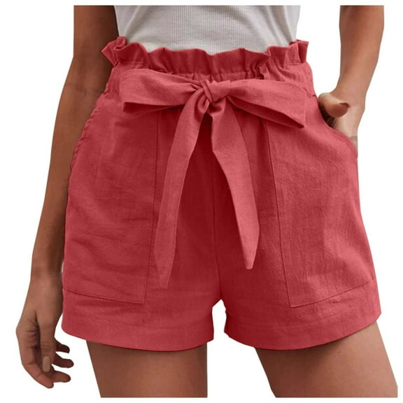 xingwang Clearance Plus Size Shorts for Women High Waisted,Women's Summer Shorts With Pockets Ruffle Hem And Bow Tie Waistband Casual High Waisted Shorts Watermelon Red S
