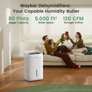 Waykar 5000 Sq. Ft. 80 Pint Dehumidifier for Basements & Home, No Daily Tank Emptying, Portable Dehumidifier with Continuous Drain Hose, Auto Defrost, 25 Pint DOE Energy Star