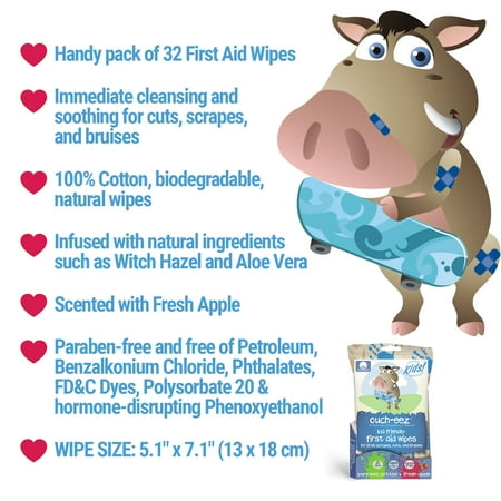 Natural Essentials Kids Ouch-Eez First Aid Wipes for Children Apple Scent, 32 Ct