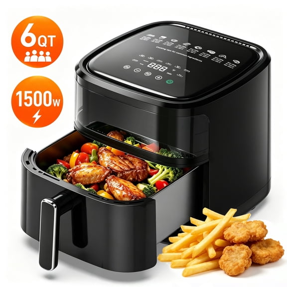 FRESHDEW 6QT Digital Air Fryer with Visible Window, 8-in-1 Presets, 1500W Air Fryer Oven, Touchscreen, 24H Delay Start, Non-stick