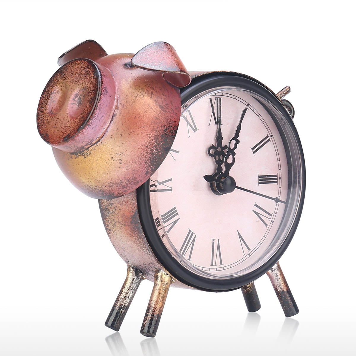 Tooarts Small Desk Clock Piggy Clock Handmade Vintage Metal Figurine Mute Table Clock Practical Clock