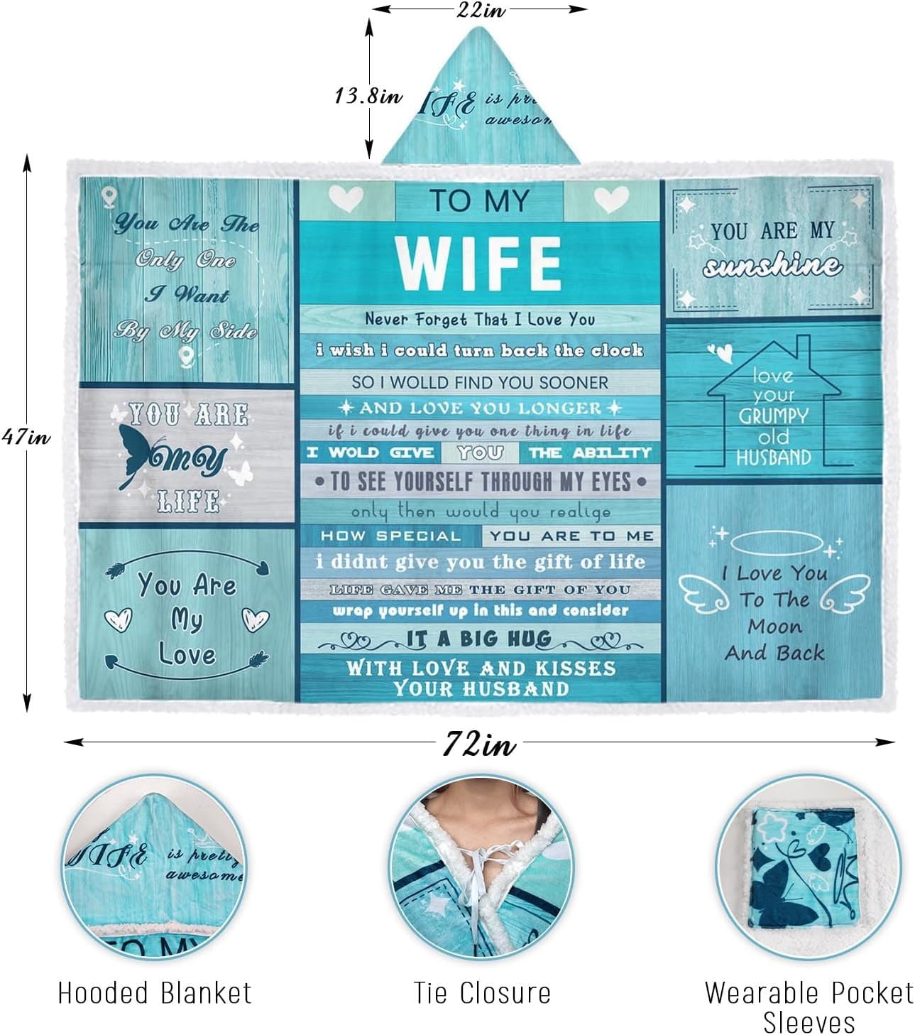 Birthday Gifts for Wife, to My Wife Doubleside Wearable Blanket Hoodie Christmas Anniversary Wedding Gifts, Wife Birthday Gift Ideas Valentine Romantic Gifts for Her, Wife Gifts from Husband 47x72in