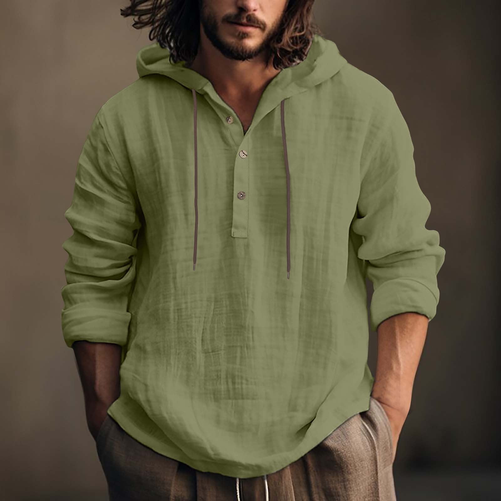 Meichang Hoodies for Men Summer Cotton Linen Hooded Shirts Solid