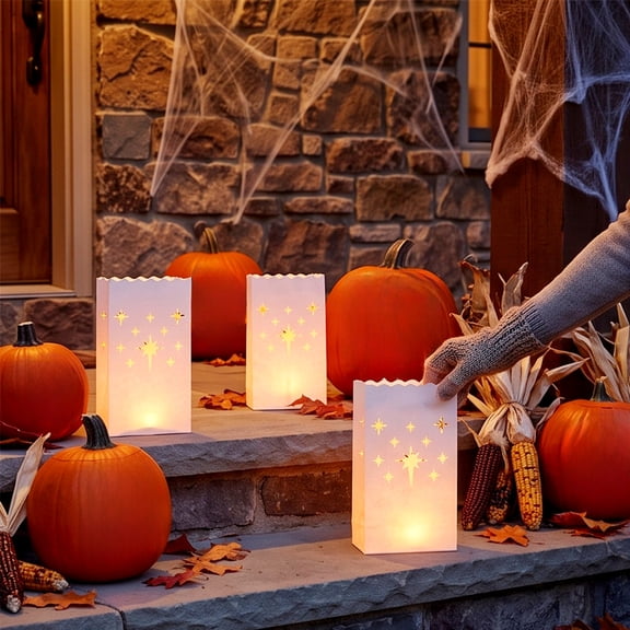 10 Pack Hollow Paper Luminaria Bags 10x6 Inch, Christmas Thanksgiving Halloween Cutout Candle Bags for Outdoor Walkway Yard Pathway Holiday Decor