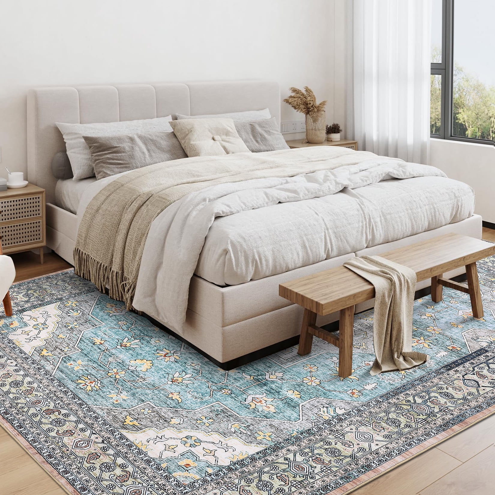 HOMERRY Washable Area Rug 9' x 12' Rug for Living Room Floral Pattern Carpet, Teal