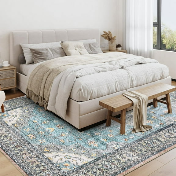 Hasoo Washable Area Rug Vintage Persian Floral Rug Traditional Tribal Rug Soft Non-Slip Low Pile Rug for Living Room Bedroom, 5' x 7' Blue