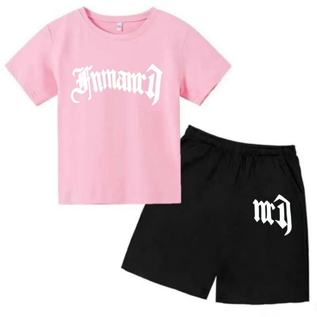 Ensemble 2 Pcs T-Shirt d'Été pour Enfants à Imprimé de Marque Gothique Haut + Short Ensemble 2 Pcs Manches Courtes Décontracté Mode Garçons Fille Enfant