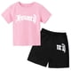 thumbnail image 3 of Ropa para niños con estampado de marca gótica, conjunto de camiseta y pantalones cortos de verano para adolescentes, 2 piezas, manga corta, moda informal para niños y niñas, 3 of 5