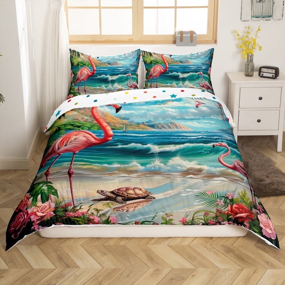 Erosebridal Pink Flamingo Comforter Cover Twin,Sea Turtle Bedding Twin Size,Ocean Beach Room Decorative,Reversible,2-Piece(No Comforter)