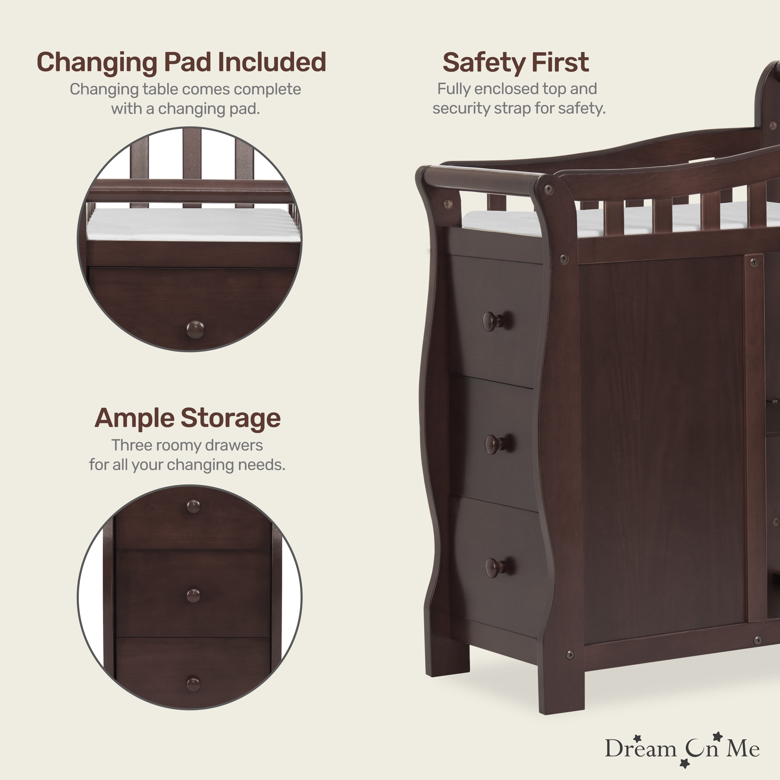 Dream On Me Casco 4-in-1 Mini Crib and Dressing Table, Espresso