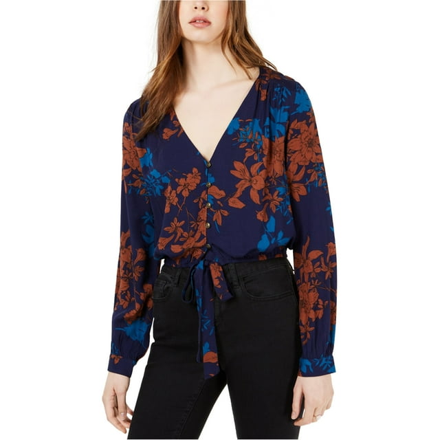 Sage The Label Blusa con botones y dobladillo anudado para mujer, azul, grande
