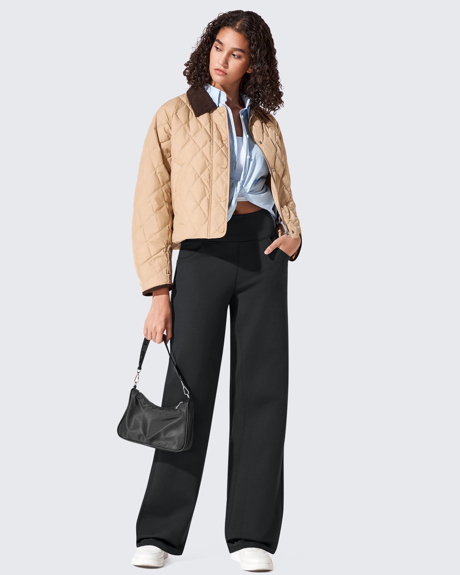 G4Free Fleece Lined Pants Women Wide Leg Work Trousers with Pockets High Waisted Sweatpants for Casual Dress Winter