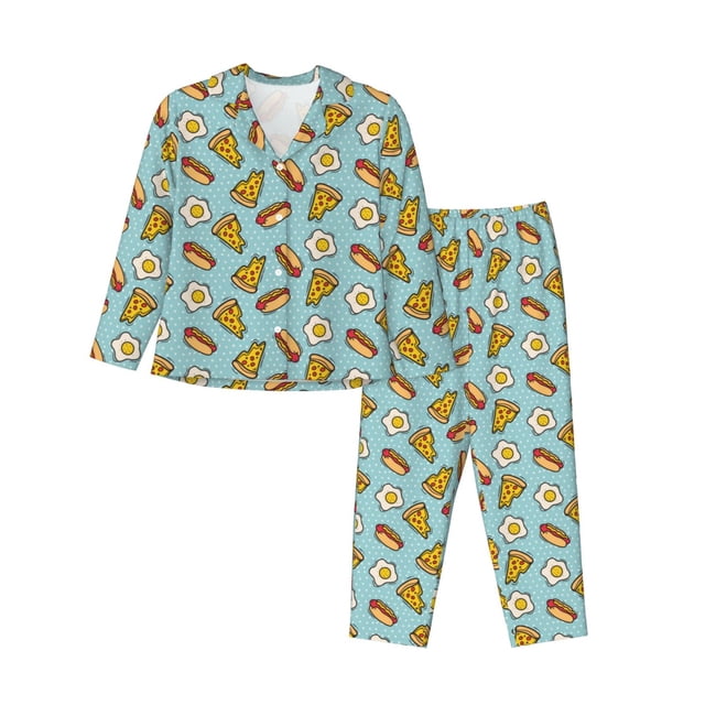 Balery Hot Dog Pizza Conjunto de Pijama con Estampado para Mujer, Conjunto de Dos Piezas con Manga Larga, Ropa de Dormir Suave con Bolsillos, Pijamas Cómodos-Medium