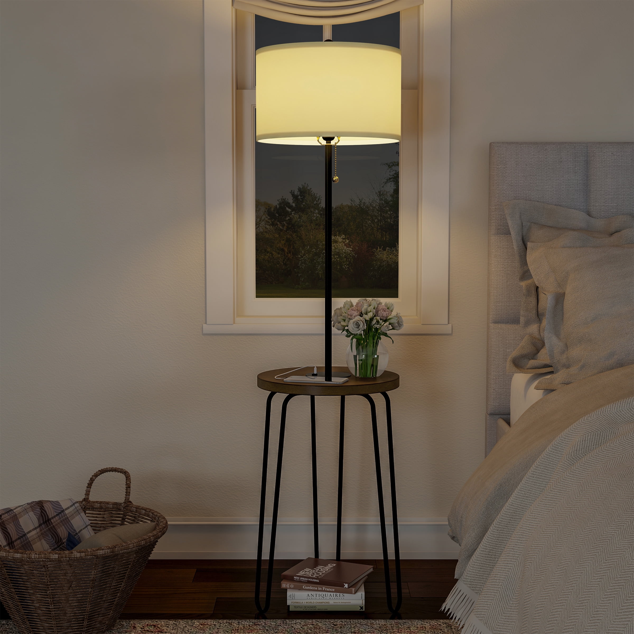 Lavish Home 59-inch Floor Lamp with Table, USB Port, and Hairpin Legs – Standing Light with Shelves