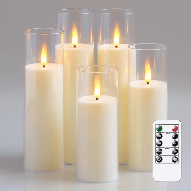 Yeelida Acrylic Flameless Flickering Candles with Remote Control and Timer, Battery Operated LED Fake 2.2" x 5",6",7",8",8" Plastic Pillar