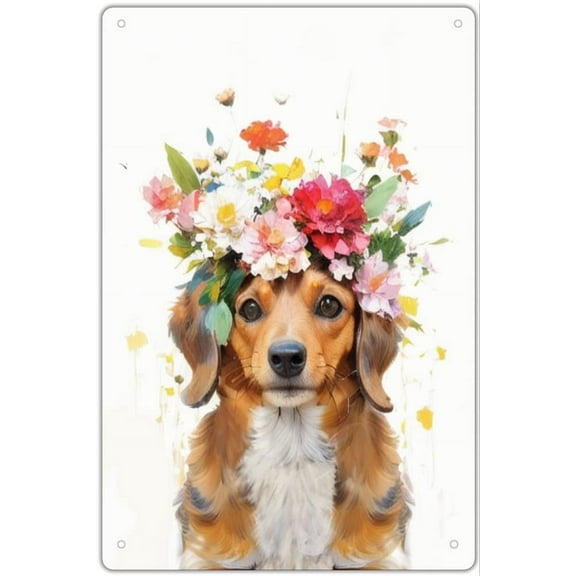 Dachshund Tin Sign, Dog Wall Decor, Dachshund Gift for Dog Lovers, Cute Floral Dog Wall Art, Funny Dog Wall Plaque for Girls Bedroom, Kids Room, Living Room, Nursery Decor 12x8 In