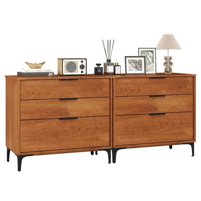 Gymax 2PCS 3-Drawer Dresser w/ Metal Support Legs & Anti-tipping Kit for Bedroom Cherry