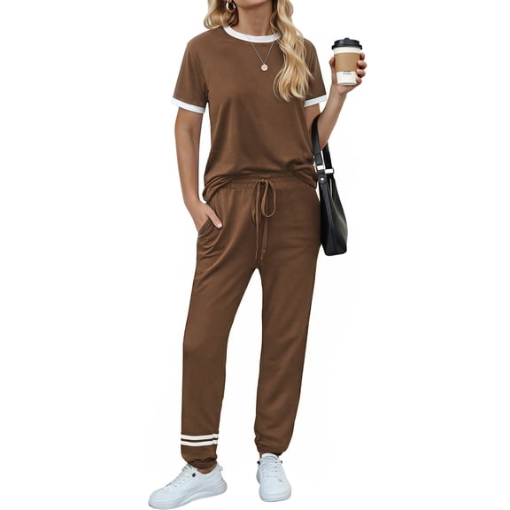 MOSHU Womens Two Piece Outfits Short Sleeve Color Block Tops Long Pants with Drawstring Tracksuit Jogger Sets