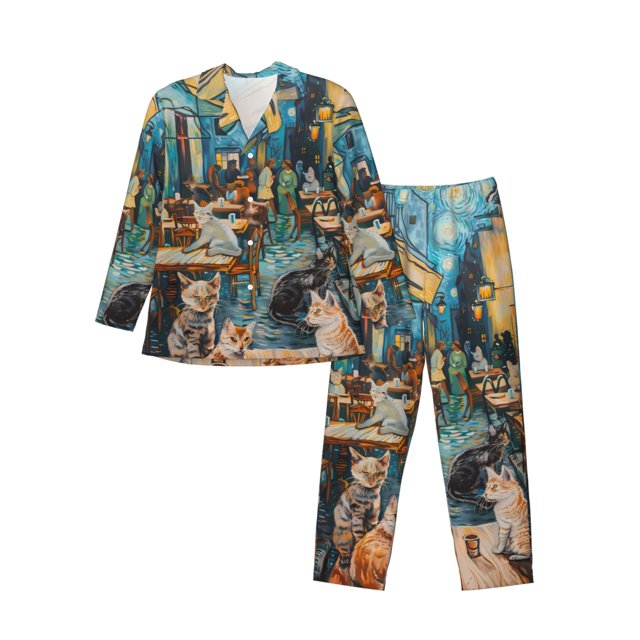 Balery Whimsical Cats Night Cafe Pijama para Hombre de Dos Piezas con Manga Larga, Conjunto de Dormir y Descanso Suave con Bolsillos-X-Large
