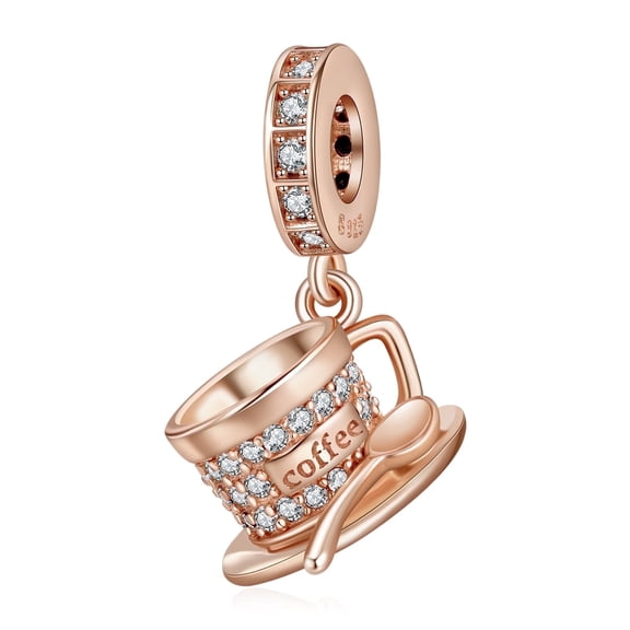 ROSIANNA 925 Sterling Silver Charm for Bracelets Rose Gold Coffee Cup Dangle Charms Women Bracelet Charm Gift