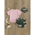 thumbnail image 5 of Niusricy Toddler Baby Girl Summer Clothes Set 0 3M 6M 12M 18M 24M Infant Short Sleeve T-Shirt Letter Print Tassel Tops with Camouflage Shorts and Bow Headband Newborn Kids Fashion Cool Casual Outfits, 5 of 8