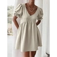thumbnail image 3 of Women's Puff Sleeve Babydoll Mini Dress with Button Detail and 95% Polyester 5% Spandex Fabric for Everyday Wear, 3 of 10
