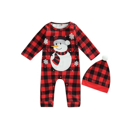 

Christmas Infant Baby Plaid Rompers Snowman Print Casual Long Sleeve Jumpsuit and Hat Set for Girl Boy