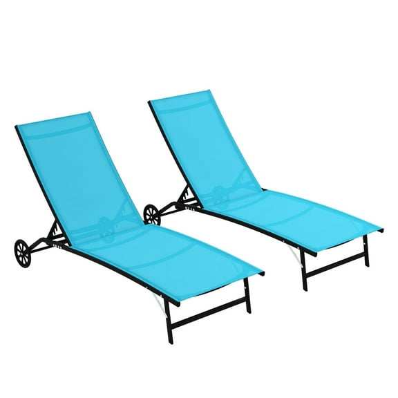 Outdoor Chaise Lounge 2PC, Blue - Adjustable 5-Position Poolside Loungers with Wheels