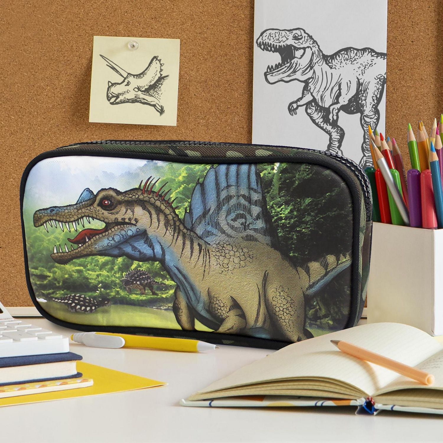 Pen+Gear Dinosaur 2 Zip Pencil Pouch with Spinosaurus and Camo Design