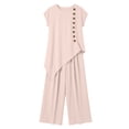 thumbnail image 4 of Cagogo Women's 2 Piece Casual Sets Round Neck Short Sleeve Tshirt Wide Leg Pants Loose Summer Vacation Outfits Solid Boho Lounge Tracksuits Travel Airport Clothes, Pink M, 4 of 6