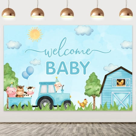 Blue Farm Animal Baby Shower Decorations - Farm Animals Welcome Baby Backdrop for Farmhouse Pregnancy Celebration Newborn Party Supplies