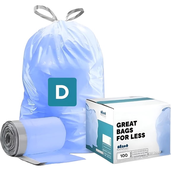 Plasticplace Custom Fit Trash Bags, Compatible with simplehuman Code D (100 Count) Tinted Blue Drawstring Garbage Liners 5.3 Gallon / 20 Liter, 15.75" x 28"