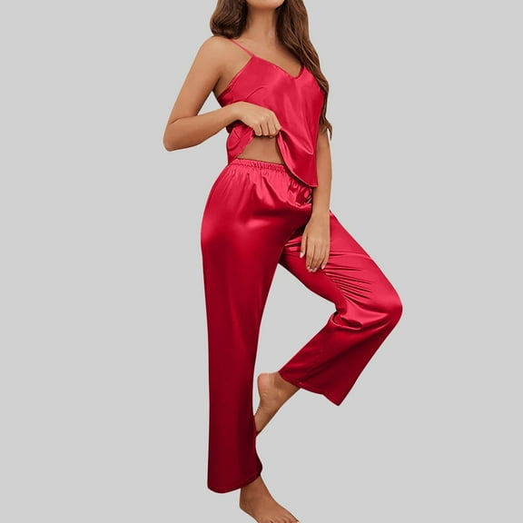 Silk Satin Pajamas Set for Women Two-Piece Short Sleeve Shirt with Long Pajama Pant Set Soft Button Down Loungewear Nightwear Pjs Sleepwear for Women,Red,M