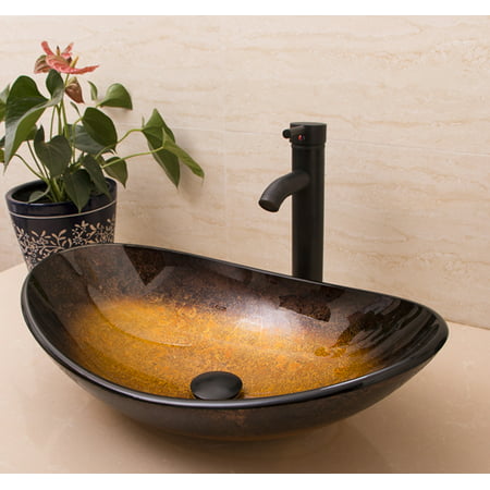 Oval Bowl Countertop Bathroom Glass Vessel Sink Faucet Pop Up Drain Combo Set