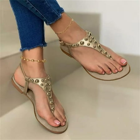 

Sandals Women Women S Fashion Summer Flip Shoes Casual Buckle Rhinestone Beach Sandals Womens Sandals Pu Gold 41