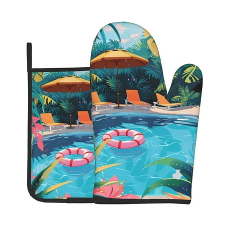 

Lukts Tropical Poolside Relaxation Print Kitchen Heat-Resistant Gloves and Spacers 2pcs Set Suitable for Baking and Cooking