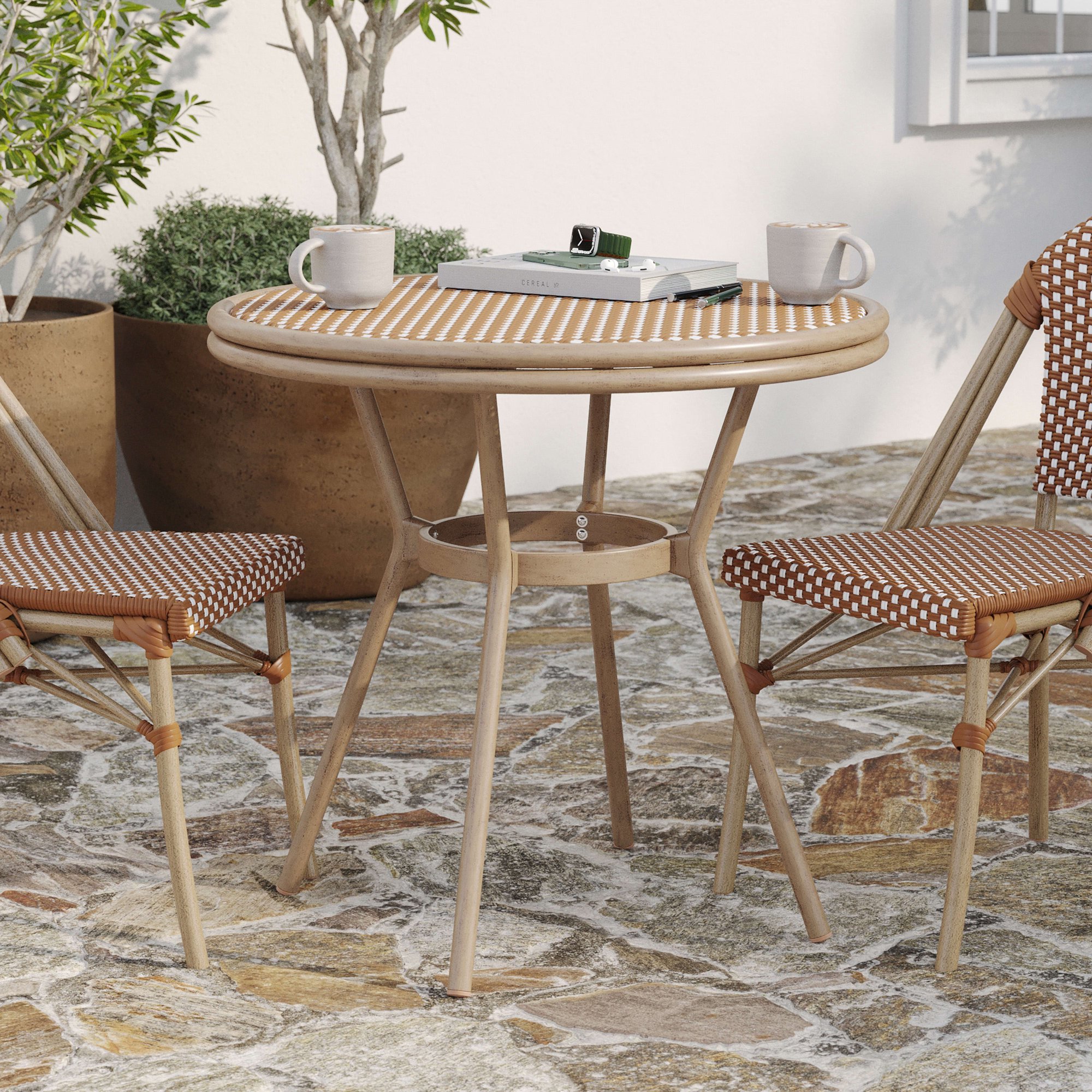 Merrick Lane French Bistro Style Table with Tempered Glass Top, Natural & White PE Rattan, and Light Bamboo Finished Metal Frame for Indoor/Outdoor Use